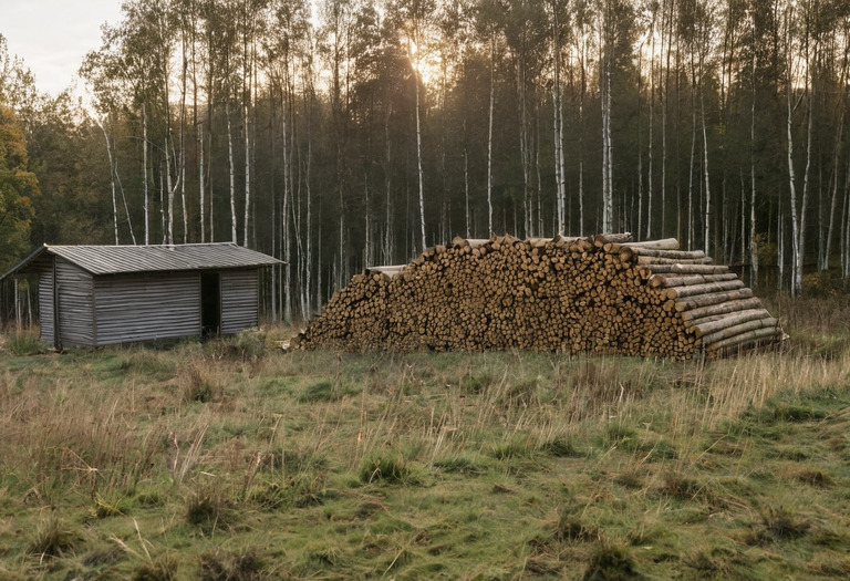 Бревенчатая баня в глубине участка, из трубы над кровлей идёт дым
